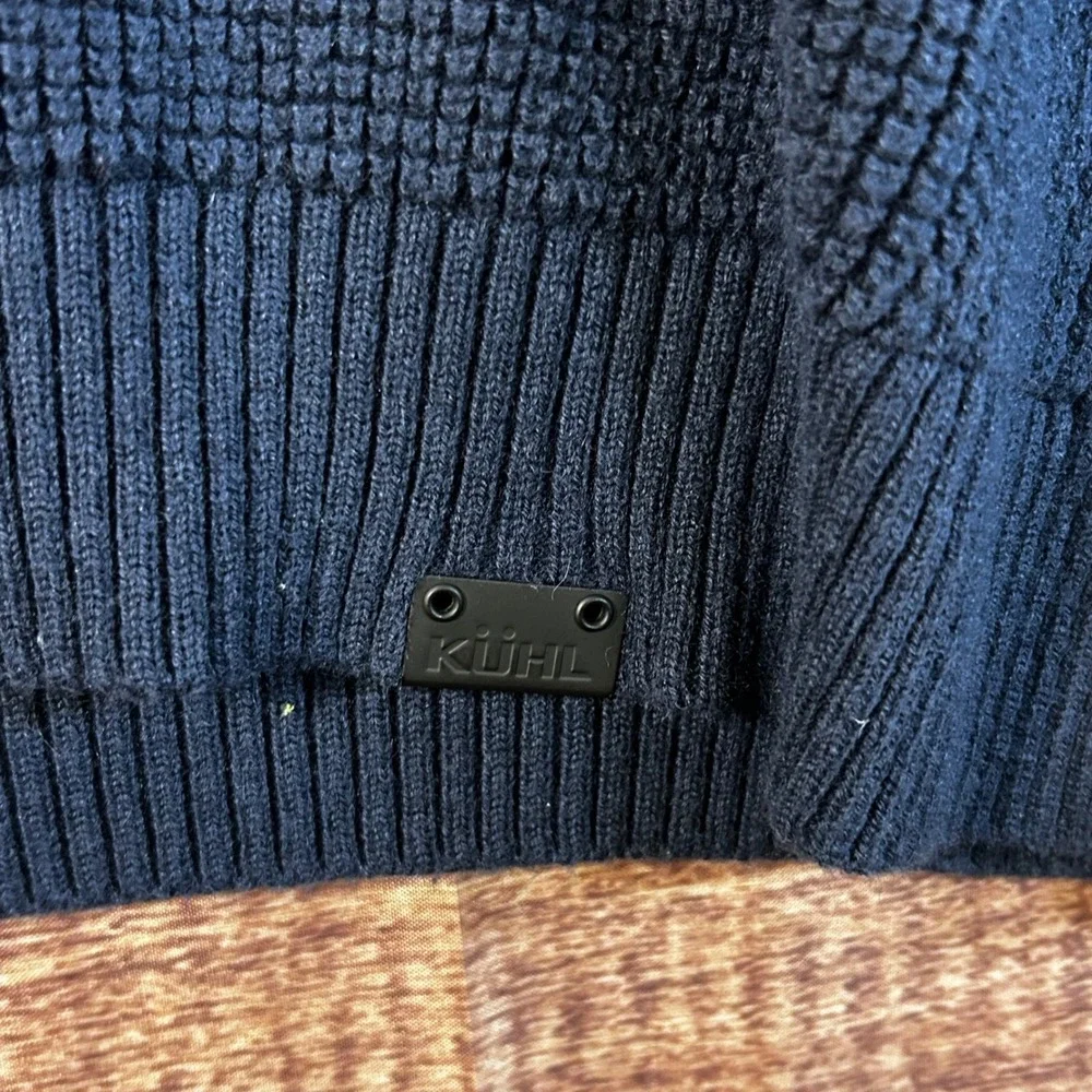 Kuhl Evader Sweater Mens Size L Navy Blue Merino Wool Crewneck Pullover **Hole